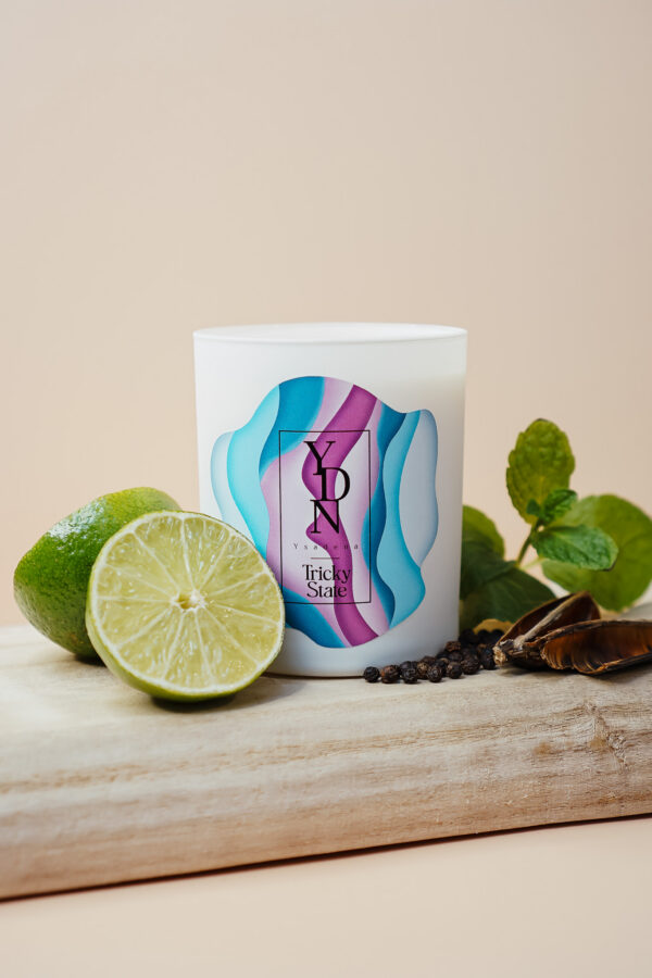 Bougie "Tricks State" en cire de soja – Parfum apaisant, fabriquée à Bruxelles Bougie parfumée "Tricks State" en cire de soja, fabriquée à Bruxelles avec des parfums raffinés