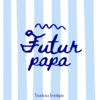Étiquette “Futur papa” bleue sur fond rayé