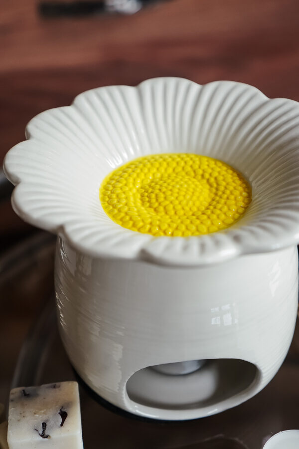 Brûleur marguerite blanc fabriqué en Belgique – Élégance et raffinement Zoom sur le brûleur marguerite blanc fabriqué en Belgique avec coupelle en forme de fleur